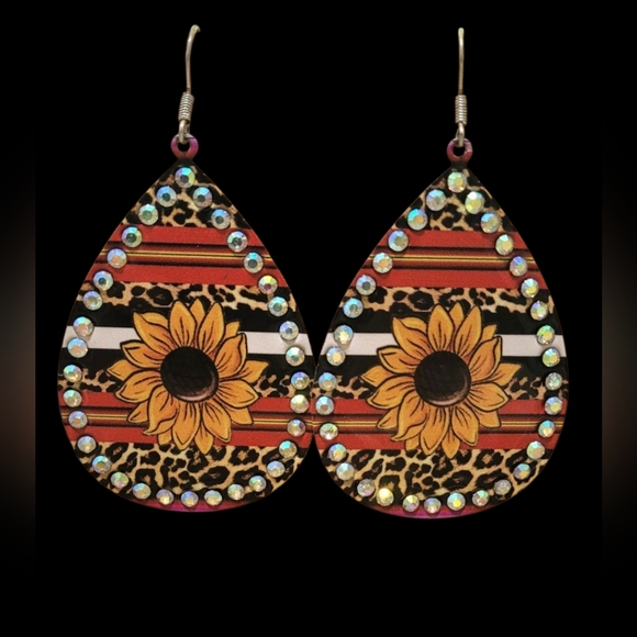 Sunflower Teardrop Earrings with Rhinestones New - Picture 2 of 4